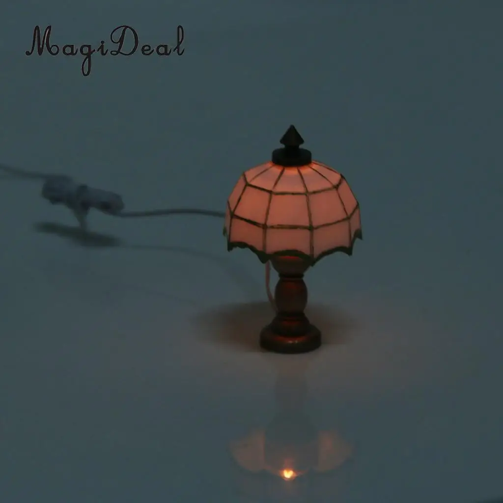 MagiDeal 1Pc 1/12 Dollhouse Miniature White Shade Light Desk Table Reading Lamp for Dolls Bedroom Living Room Home Decor Acc 12V