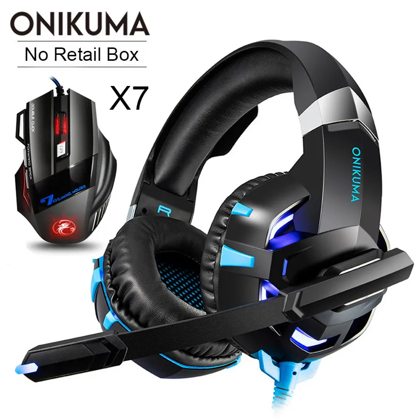 ONIKUMA Casque PS4 Игровые наушники PC Gamer стерео гарнитура с микрофоном+ профессиональная проводная USB игровая мышь - Цвет: Blue Headset-X7