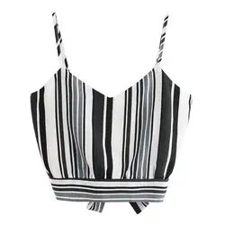 Harajuku Для женщин Self полосатый сарафан короткий модный топ с завязкой сзади V Neck Crop Tie Cami Топ топы с завязками на шее Debardeur роковой Новый