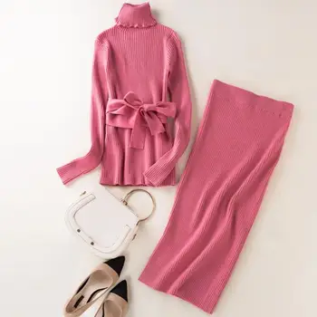 

two piece sets women autumn winter new fashion turtleneck wool knitted sweater+package hip skirt