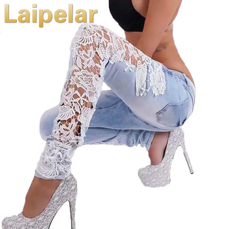Laipelar Women Fashion Side Lace Jeans Hollow Out Skinny Denim Jeans Woman Pencil Pants Patchwork Trousers for Women Ropa Mujer