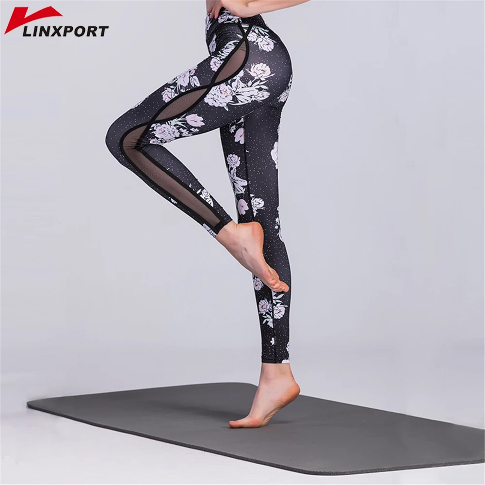 

Women Yoga Capris Floral Printed Elastic Leggings Slim Dry Fit Trousers Skinny Gym Jeggings Net Yarn Pants Sexy Tights for Girls