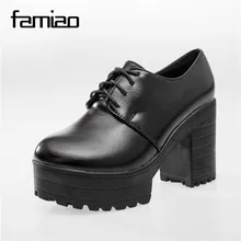 

FAMIAO 2018 Spring Women Platform High Heels Fashion Ankle Strap Genuine Leather Pump Shoes Thick Heel Ladies Dress Shoes