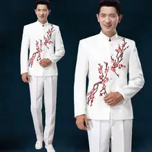 Белый, красный, синий Новое поступление костюм тонкий мужской китайский туника костюм с брюками мужские свадебные костюмы для жениха платье костюм+ брюки