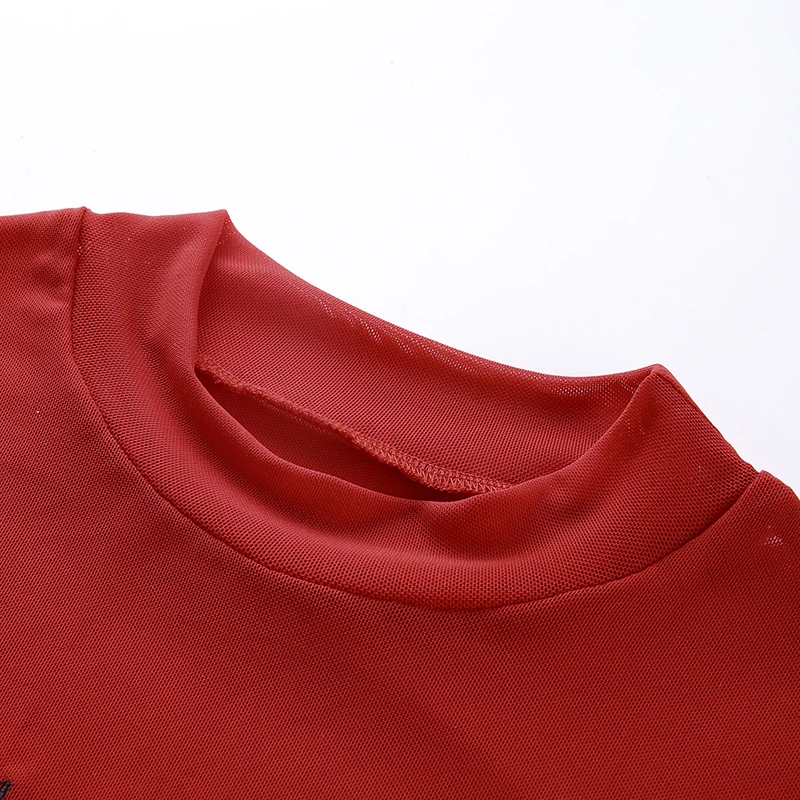 Weekeep, укороченный сетчатый топ с круглым вырезом и коротким рукавом, женская футболка с вышивкой красного дьявола,, летняя уличная одежда, облегающий укороченный Топ для женщин