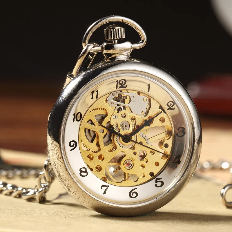 Роскошные Механические мужские карманные часы с серебряным скелетом и ручным заводом с цепочкой-брелоком Горячие Гладкие стальные женские карманные часы унисекс
