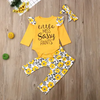 

Emmababy Autumn Newborn Kid Baby Girl Clothes Long Sleeve Fly Sleeve Flower Patchwork Romper Top Floral Printed Pants Outfit