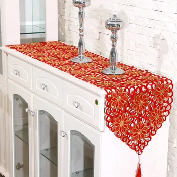 

RAYUAN Vintage Red Tassels Table Runner Embroidered Flower Cutwork Fabric Table Cover Wedding Banquet Party Decor 4 Size