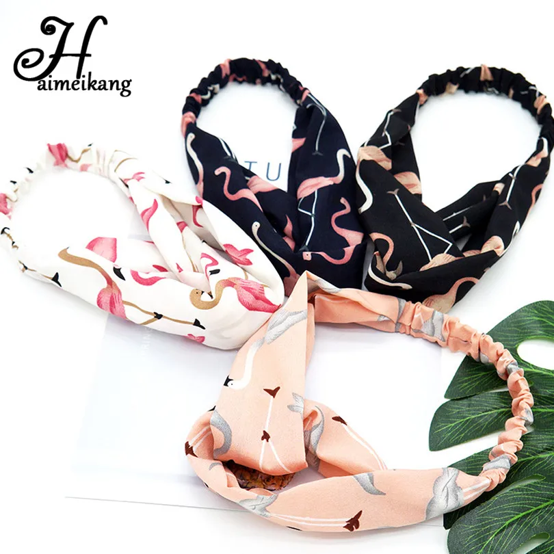 

Haimeikang Fresh Fashion Flower Print Turban Headbands Women Summer Headband Head Wrap Flamingo Hair Bands Hair Accessories