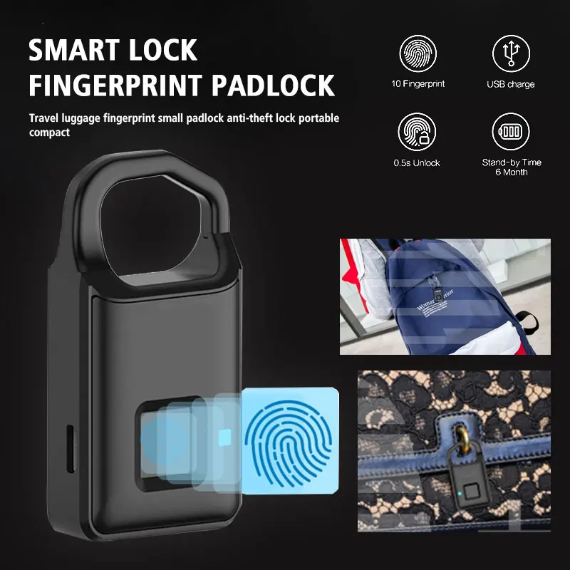 

Smart Padlock 6 Months Fingerprint Capacity 10 Portable Fingerprint ID Smart Padlock 80mAh Case Bag Universal