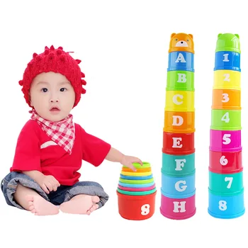 

9 Baby Plastic Cartoon Bear Rainbow Figures Letters Folding Stack Cup Tower Layer Cup Stacking Nesting Cup Educational Toys