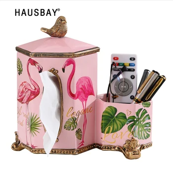 

European Multi-function Tissue Box Living Room Remote Control Desktop Storage Box Pink Flamingo Pattern Resin Napkin Box 04343
