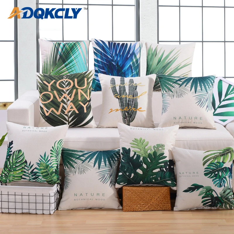

ADQKCLY Clearly Linen Printed Cushion Cover Green Leaves 43*43cm Waist Pad Cover throw Sofa Car Seats Home Textile Pillowcovers