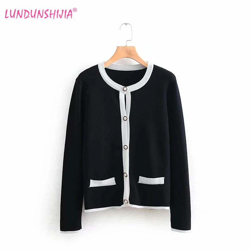 

LUNDUNSHIJIA 2019 Spring Women Elegant Pearls Buttons Cardigan Black White Knitting Sweaters Fashion Female Short Cardigan