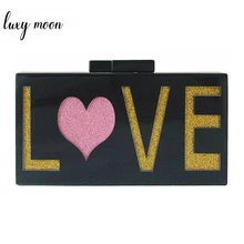 Letter Sequin Evening Clutch Bag for Women Sweet Pink Heart Pattern Wedding Clutch Purses and Handbags Black Acrylic Bag ZD1324