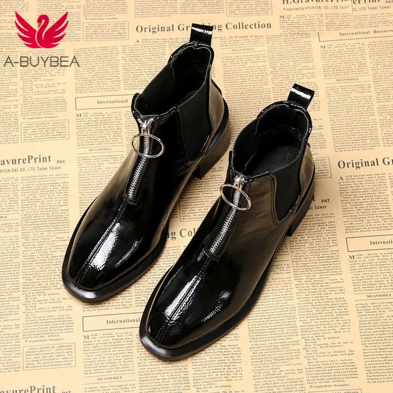 

Female Martin Boots Chic Thick Heels Women Boots Winter High Heels Square Toe Plus Velvet Front Zipper Black Ladies Shoes