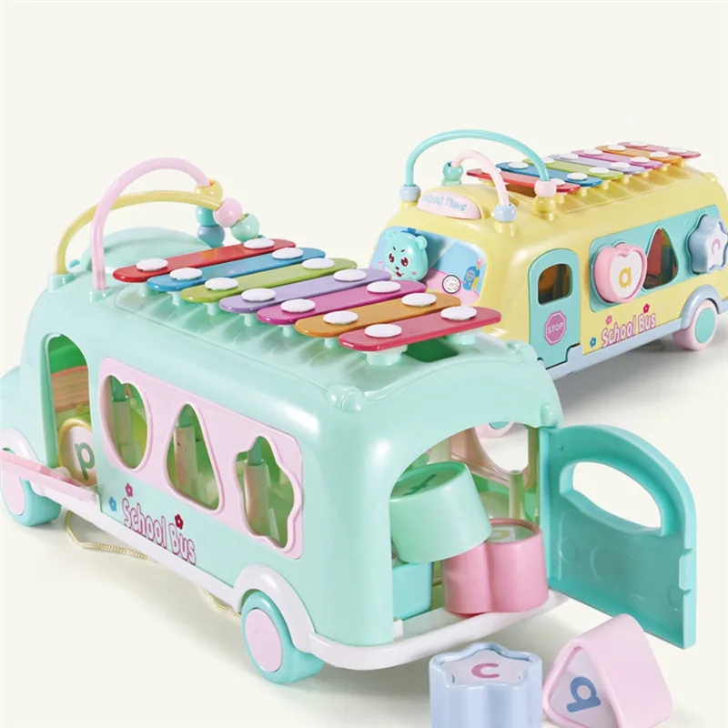 5 в 1 Многофункциональный раннего развития детей автомобиля игрушки Монтессори музыкальные игрушки стук пианино Пластик блоки круглые бусины игрушечный школьный автобус подарок