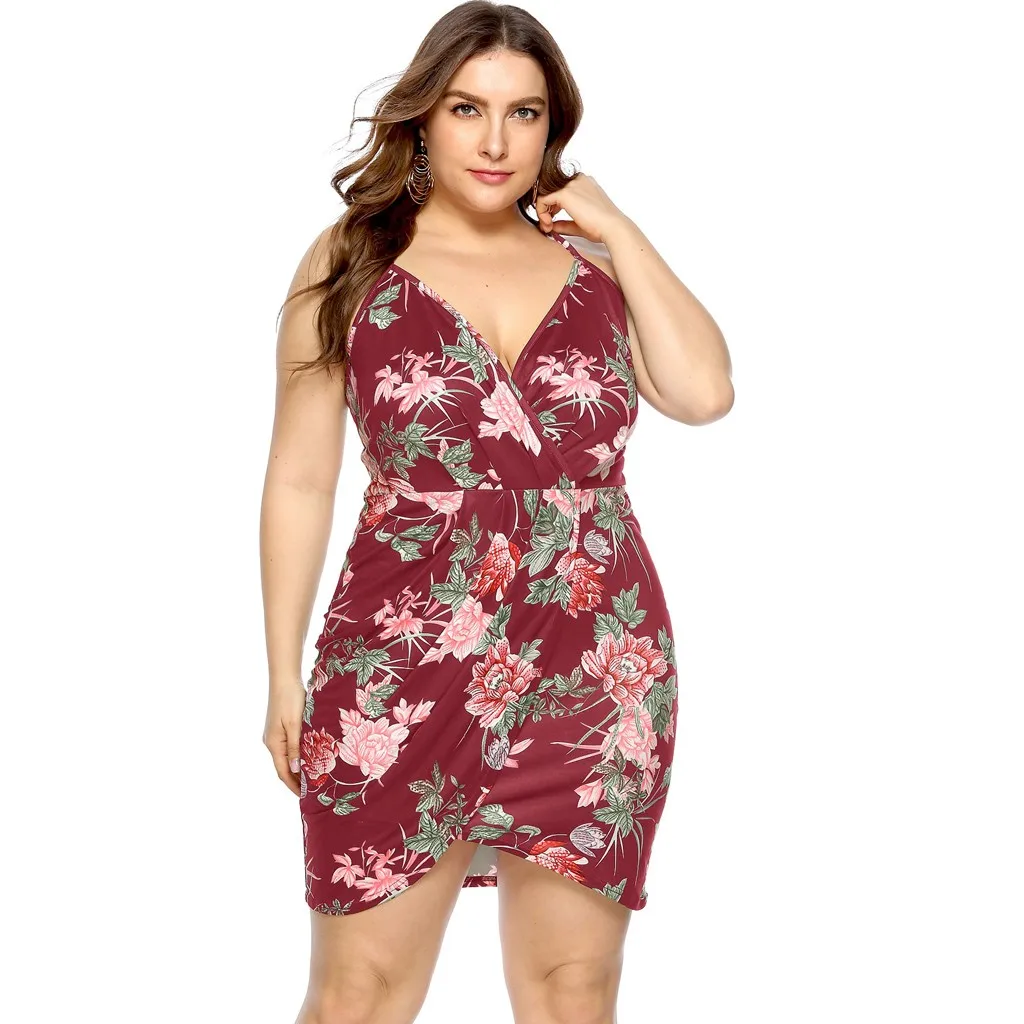 

JAYCOSIN Summer Dresses Casual Plus Sizes Ladies Large Size Sexy Slim V-neck Cross Pleated Spaghetti Strap High Waist Dresses