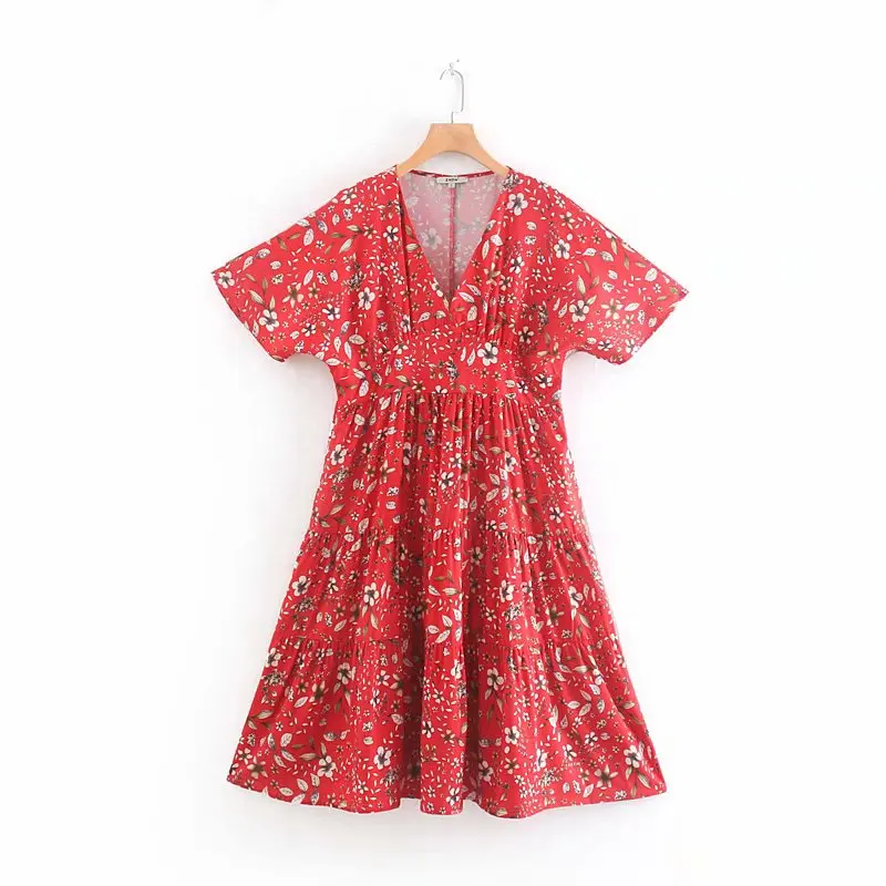 

2019 Summer v neck Women Dress Elegant Ladies red floral print pleats long Dress short sleeve beach Vestidos clothing DS2620