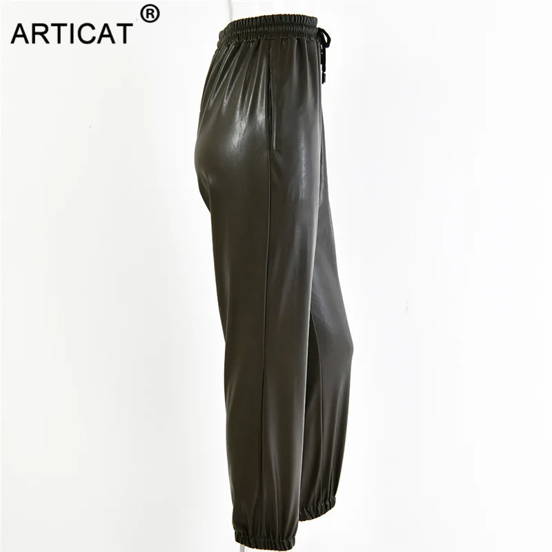 Articat новые женские штаны-шаровары из искусственной кожи повседневные брюки с высокой талией эластичные брюки из искусственной кожи для женщин осенние брюки уличная одежда