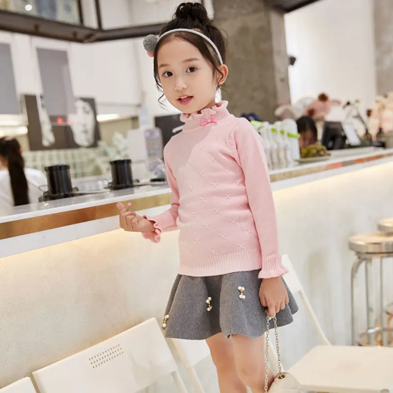 Sweet Cute Female Baby Knit Sweater Solid Color Children's Thin Sweater Lace Collar Bow Children's Sweater