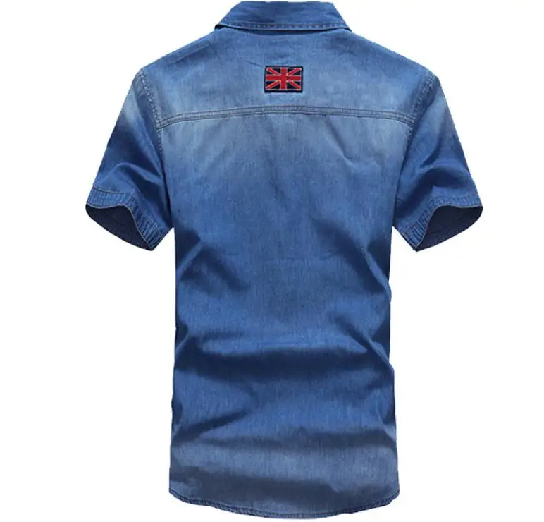 M/3Xl Mens Summer Slim Denim Shirts Short Sleeves Flag Stitching Summer Denim Shorts Turn Down Collar Jeans Shirts J1447