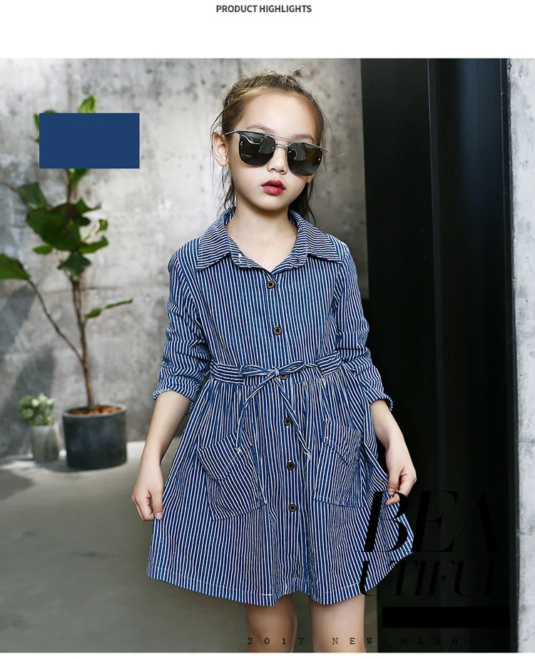 Baby Dress Girls Children's Toddler Girls  College style leisure Washed denim Long sleeve Collect waist stripe shirtdress for 3-14Y kids clothing (3)