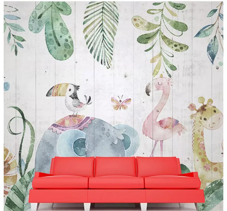 

Custom hand-painted forest animals wood grain wood children's room TV sofa background wall painting wallpaper
