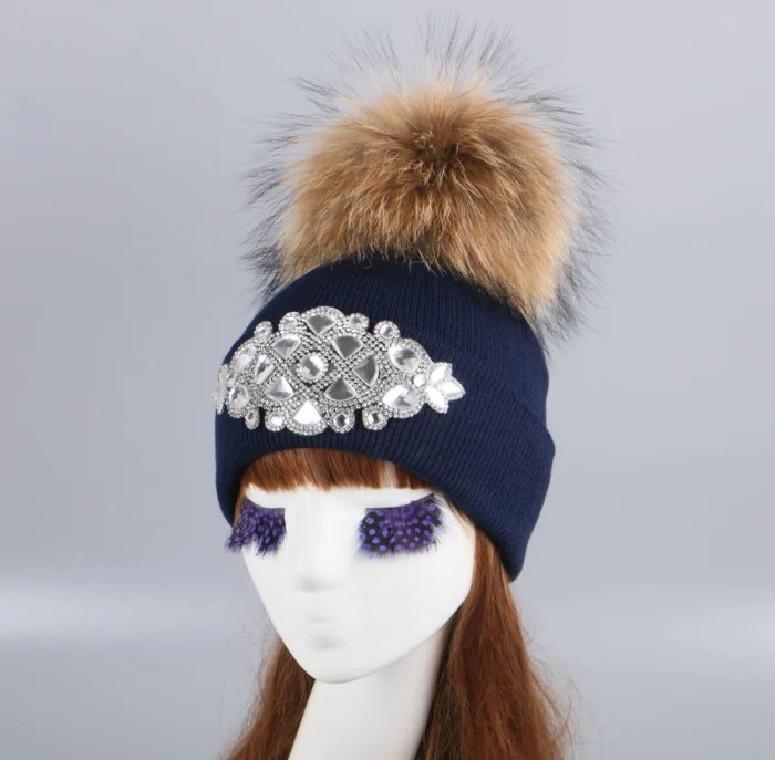 Девушка женская брендовая зимняя шапка Кепка с реальной меховой помпон норка, лиса большой мяч, Украшенные бусинами и цветами вязаная шапка головные уборы skullies - Цвет: navy hat