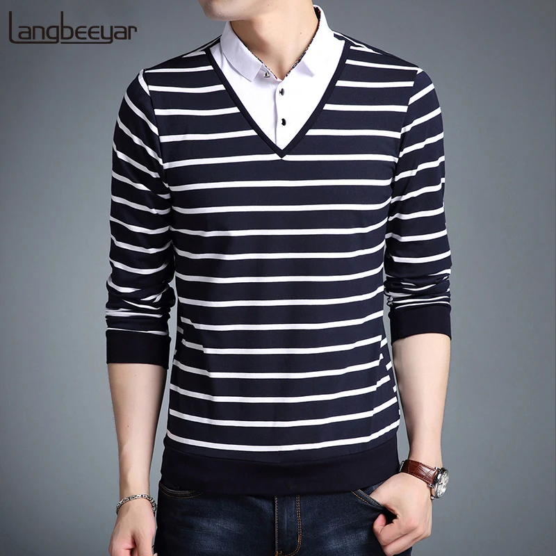 

2019 New Fashion Brand T Shirts Mens Korean Street Wear Tops Trending Turn-down Collar Striped Long Sleeve Tshirts Mens Clothing