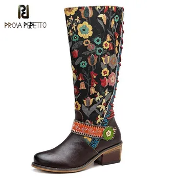 

Prova Perfetto Retro Ethnic Sstyle Women's Boots Leather Mid-Calf Female Boots Stitching Embroidered Back Lace Up Casual Shoes