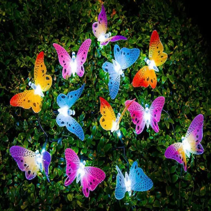 

12 LED Multi Color Butterfly Solar String Lights Fiber Optic Decorative Outdoor Lighting for Garden Patio Lawn Party Christmas