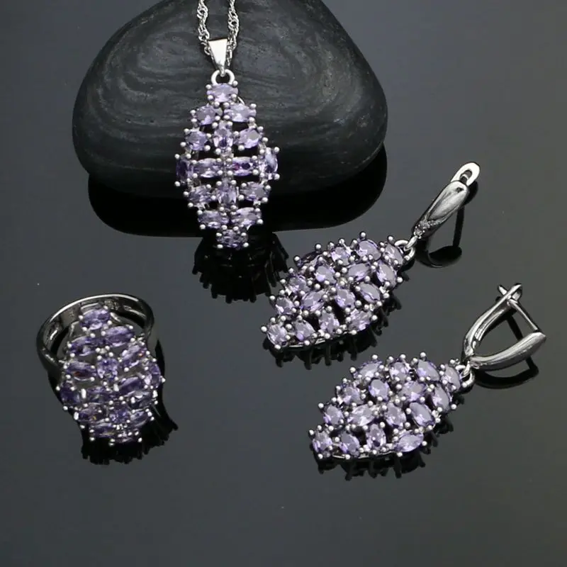 

Purple Stones 925 Sterling Silver Wedding Jewelry Sets For Women Cubic Zirconia Earrings Ring Necklace Pendant Set