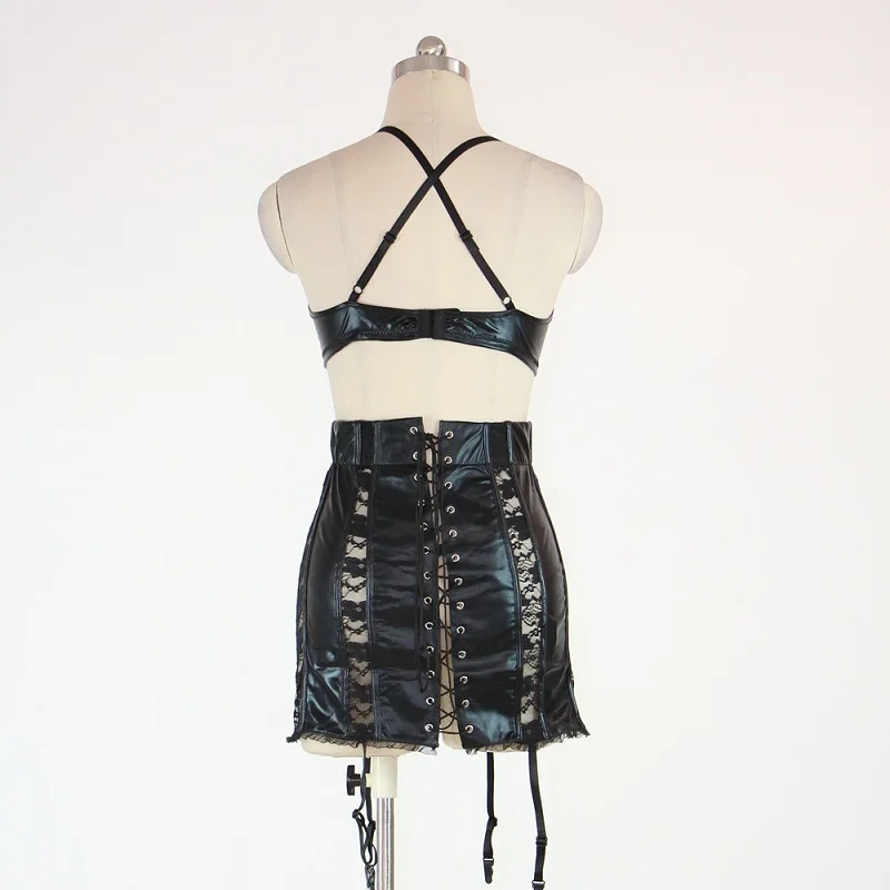 Ladies 2 Pcs Leather Dress Black Stretch Lace Transparent See Through Latex Skirt with Latex Leather Bra Sexy Lingerie Dress (4)