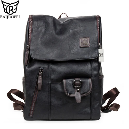 BAIJIAWEI, кожаные рюкзаки в западном стиле, модная сумка для мужчин, сумки для ноутбука, дорожные сумки Mochila на молнии, повседневные Рюкзаки - Цвет: Черный