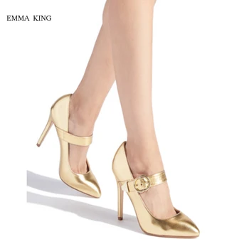 

Women Luxury Gold Stilettos Pointed Toe Pumps Fashion Ladies Buckle Strap Design Shallow High Heels 10 12cm Party Shoes Woman