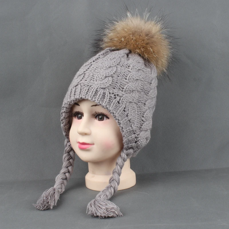 Детская зимняя шапка с ушками, Теплая Флисовая шапка с хвостиком, вязаная шапка для маленьких девочек, детская шапка с помпоном из натурального меха