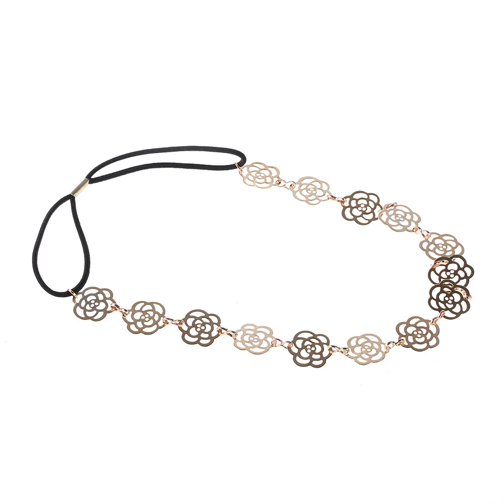 

1PC New Fashion Cute Women Ladies Gold Metal Chain Jewelry Hollow Rose Flower Elastic Vacation Hair Band Headband 2016 Hot