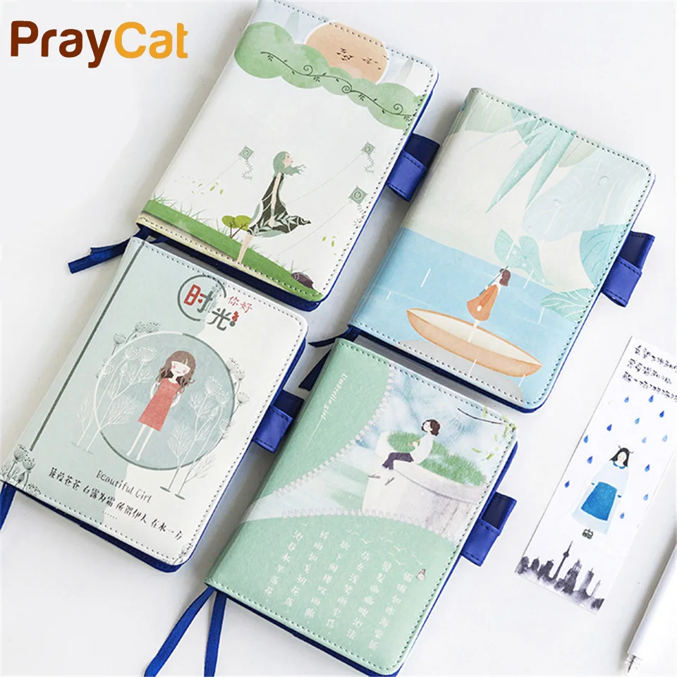 

A6 Kawaii Girl Planner Leather Notebook Cute Notepad Day Week Month Blank Pages Travel Journal Stationery Office Supplies