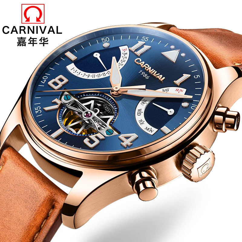 

Carnival Tourbillon Mechanical Watch Men Switzerland Skeleton Pilot Wristwatch 25 Jewels Luxury Luminous Leather Brown