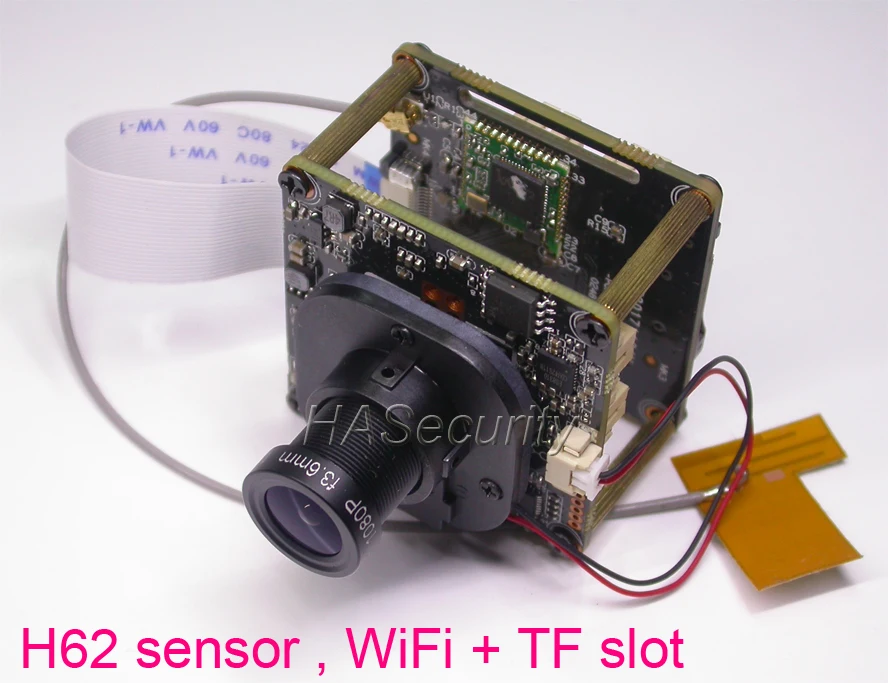 

WiFi 720P 1/4" H62 CMOS image sensor + IPC510 IP camera CCTV module PCB + WiFi + TF slot board +IRC +M12 LENs