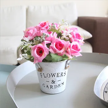 

Artificial Silk Rose Flowers with Iron Pot Mini Bonsai Plant Real Touch Fake Flowers for Wedding Decoration Home Garden Decor