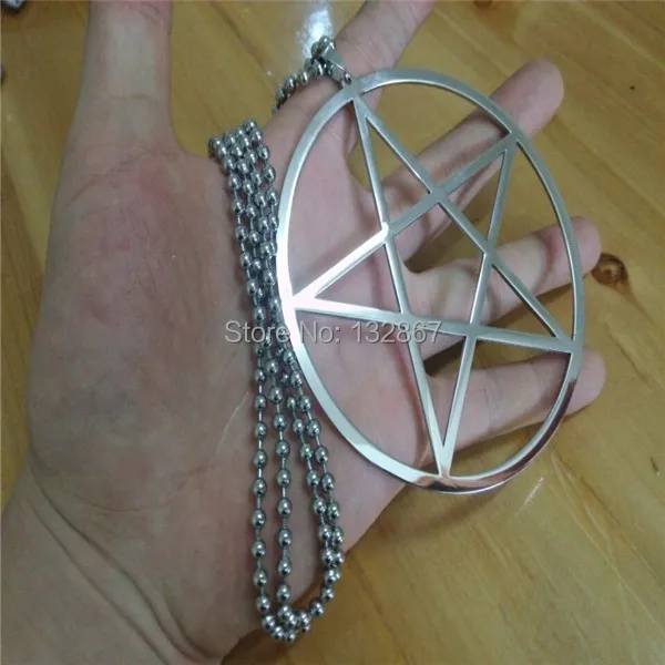 

Super Large Stainless Steel Silver pentagram satanic symbol Satan worship Pendant Necklace 100mm with 24'' ball chain