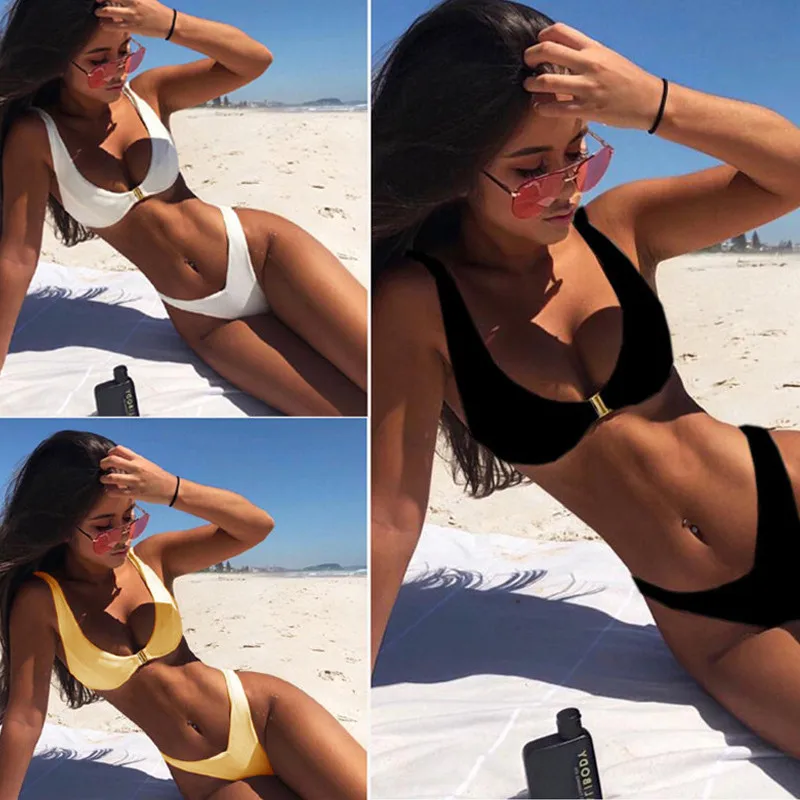

Women Push Up Thong High Waist Swim Wear Front Lock Bikini Set Black Swimsuit Buckle Bikinis Girls Two Pieces Swimming Suit