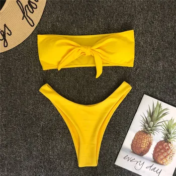 

Bikini Women Female Two Piece Swimwear Solid Color Knot Sexy High Fork Special Cloth Swimwear