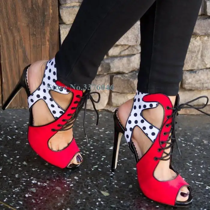 

Women High Heel Peep Toe Polka Dot Red White Mixed Colors High Thin Heel Fashion Sandals Booties Lace-up Plus Size