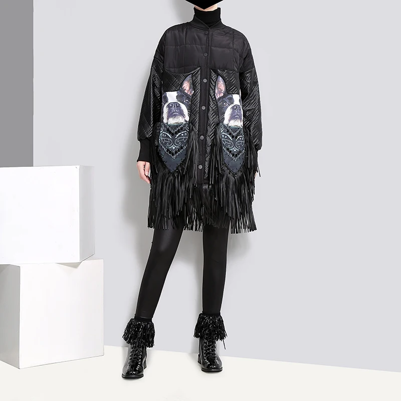 2018 Winter Women Oversize Long Black Parka Jacket PU Fringes Stand Collar Printed Female Thick Jacket Coat manteau femme 3001