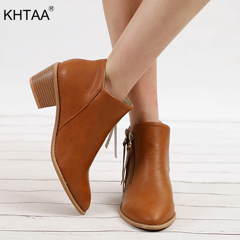 

KHTAA Women Double Zip Med Heel Ankle Boots Lady Pointed Toe Clogs Chunky Shoes Female Fashion Casual Autumn Footwear Plus Size