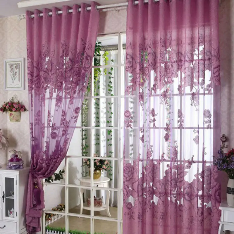 1Pc Window Curtain Luxurious Upscale Jacquard Yarn Curtains Peony Pattern Voile Door Window Curtains Living Room Bedroom Decor