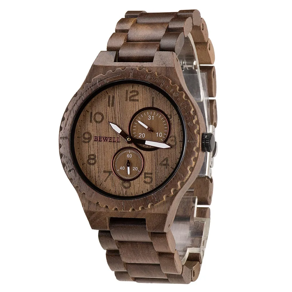 

BEWELL ZS-W154A Mens Watches Top Brand Luxury Quartz Wood Watch Men Stopwatch Date Luminous Vintage Timer Analog Wrist Watch